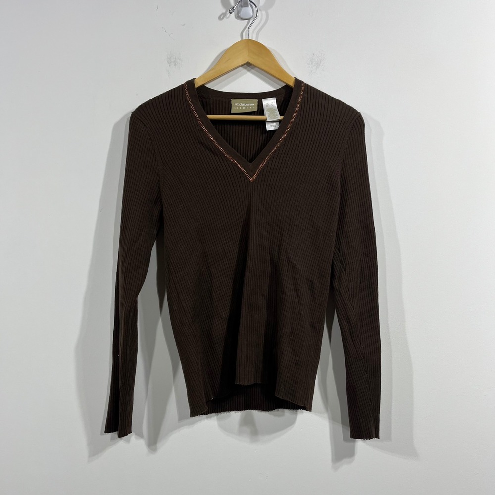 Liz Claiborne 90s Minimalist Brown Ribbed Sweater Womens XL Preppy Old Money VTG